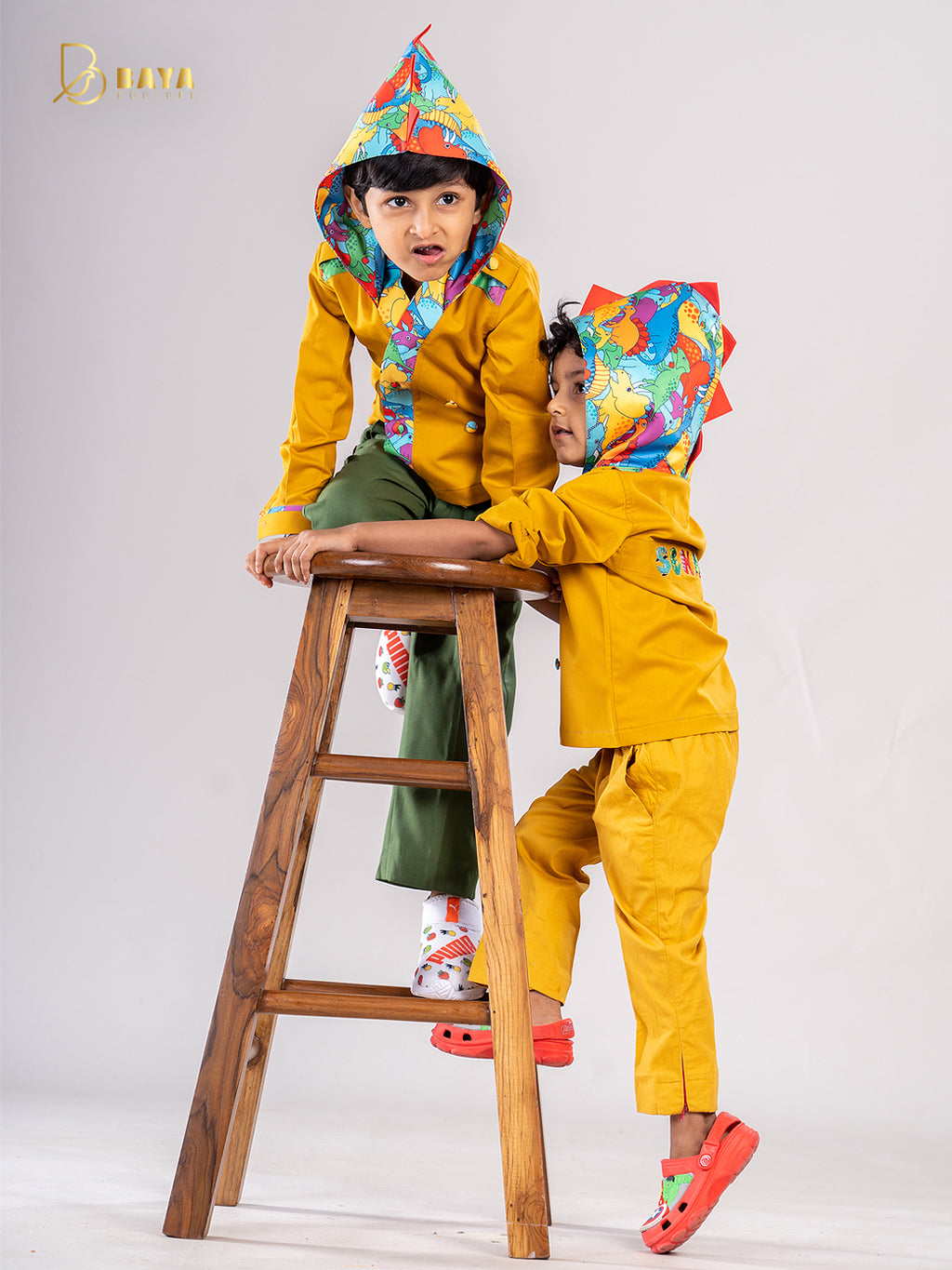 YELLOW SPIKED DINO HOODIE BLAZER SET